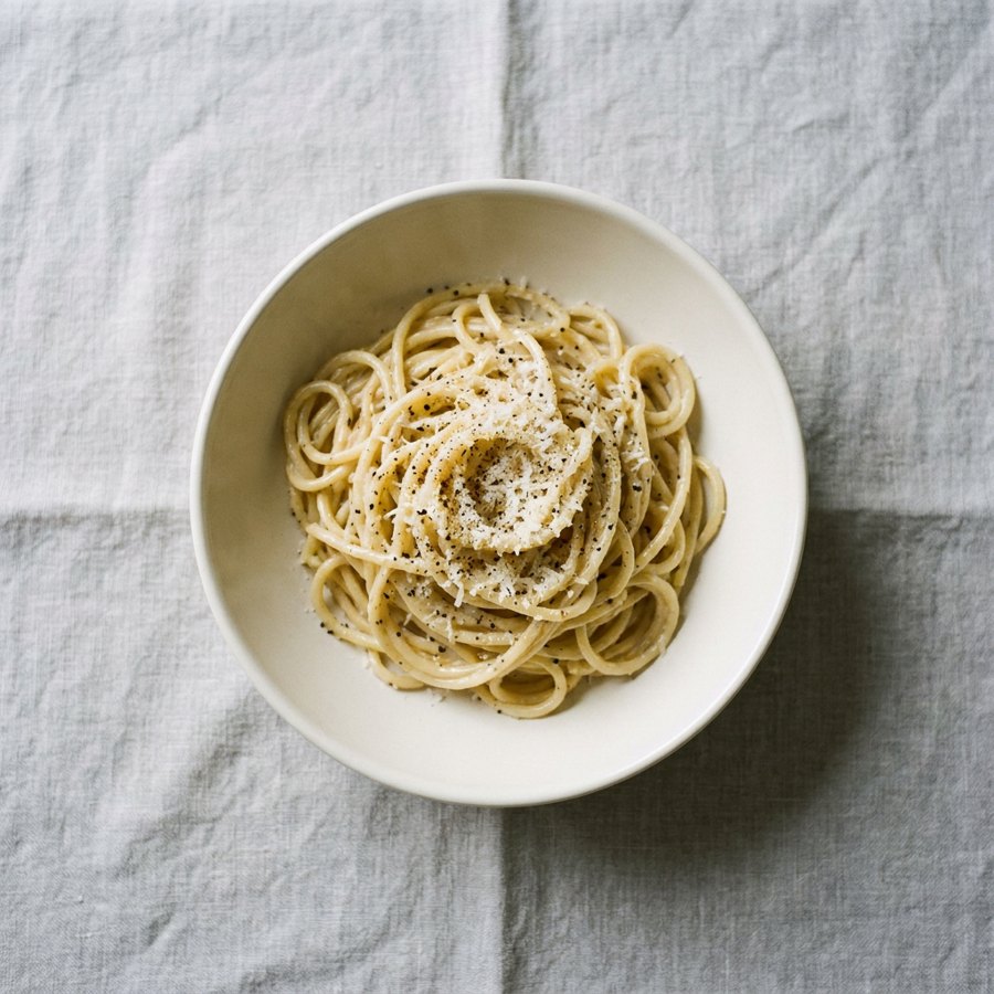 A bowl of cacio e pepe: thin pasta in a glossy Pecorino and black pepper sauce.