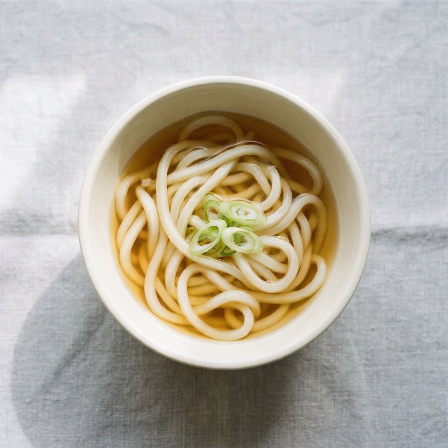 A bowl of kake udon: thick udon noodles in a clear dashi broth with sliced green onion.