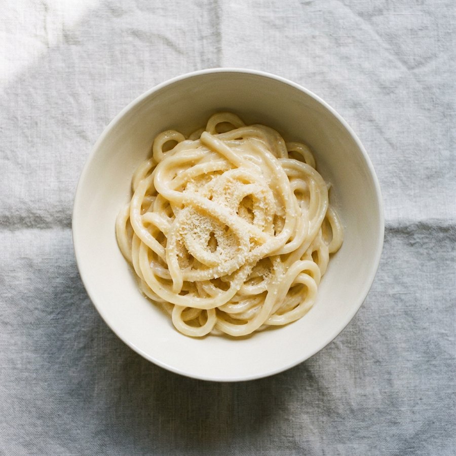 A bowl of thick udon noodles coated in a creamy Parmesan sauce, topped with grated cheese.